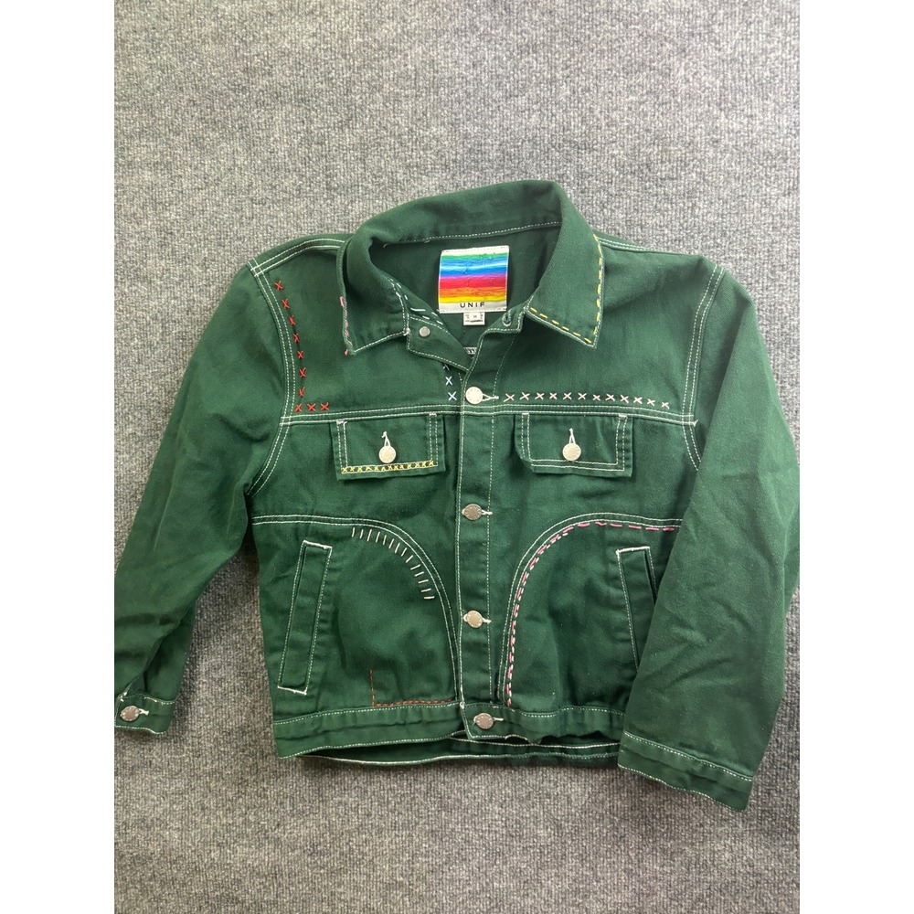 UNIF Cotton Jacket Womens Size M Green Contrast Stitch Embroidered Button Up